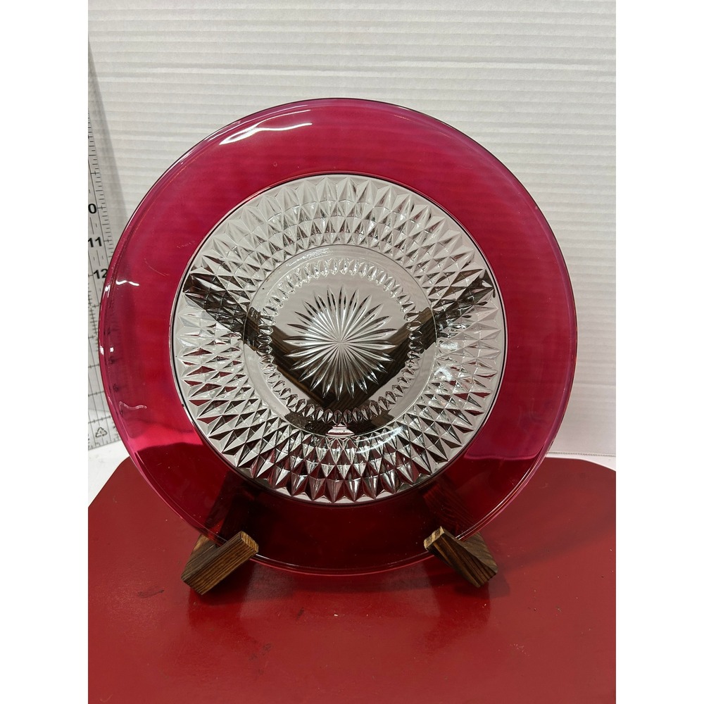 Indiana Glass Diamond Point Chop Plate 12" Red Ruby Rim MCM Holiday‎ Retro Decor